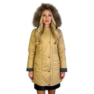 FEMINELLA BROWN PARKA COAT LONG WINTER TAN COAT FUR TRIM ON HOODIE SIZE SMALL